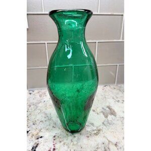VTG Blenko? Green Hand-Blown Glass Vase Flared Rim Hourglass Table top Read MCM